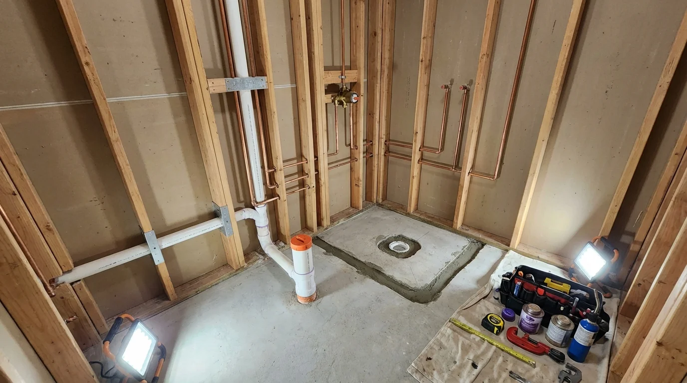 Bathroom rough-in plumbing during remodel by Johns Plumbing LLC in Bellaire