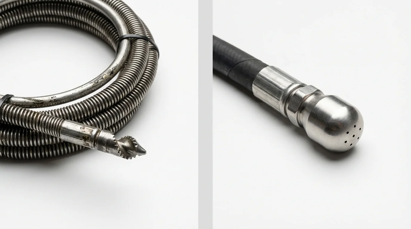 Drain snake cable and hydro jetting nozzle used for drain cleaning in Bellaire, TX