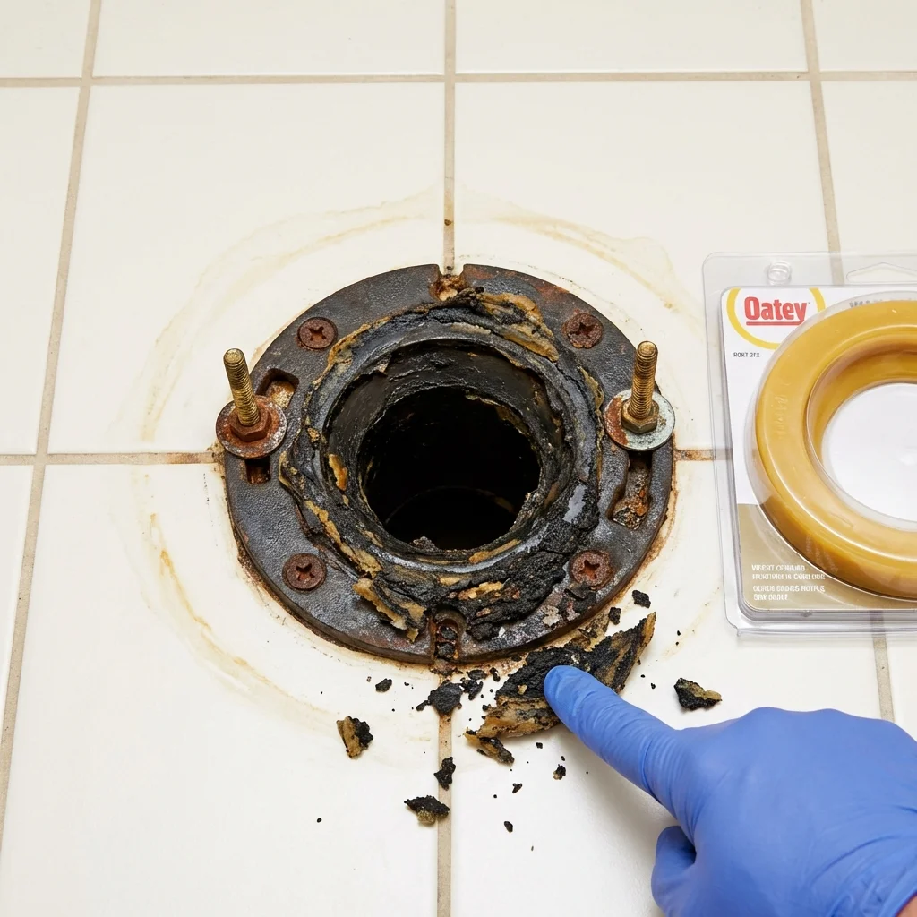 Failed wax ring showing water seepage at the base of a toilet in a Bellaire, TX home
