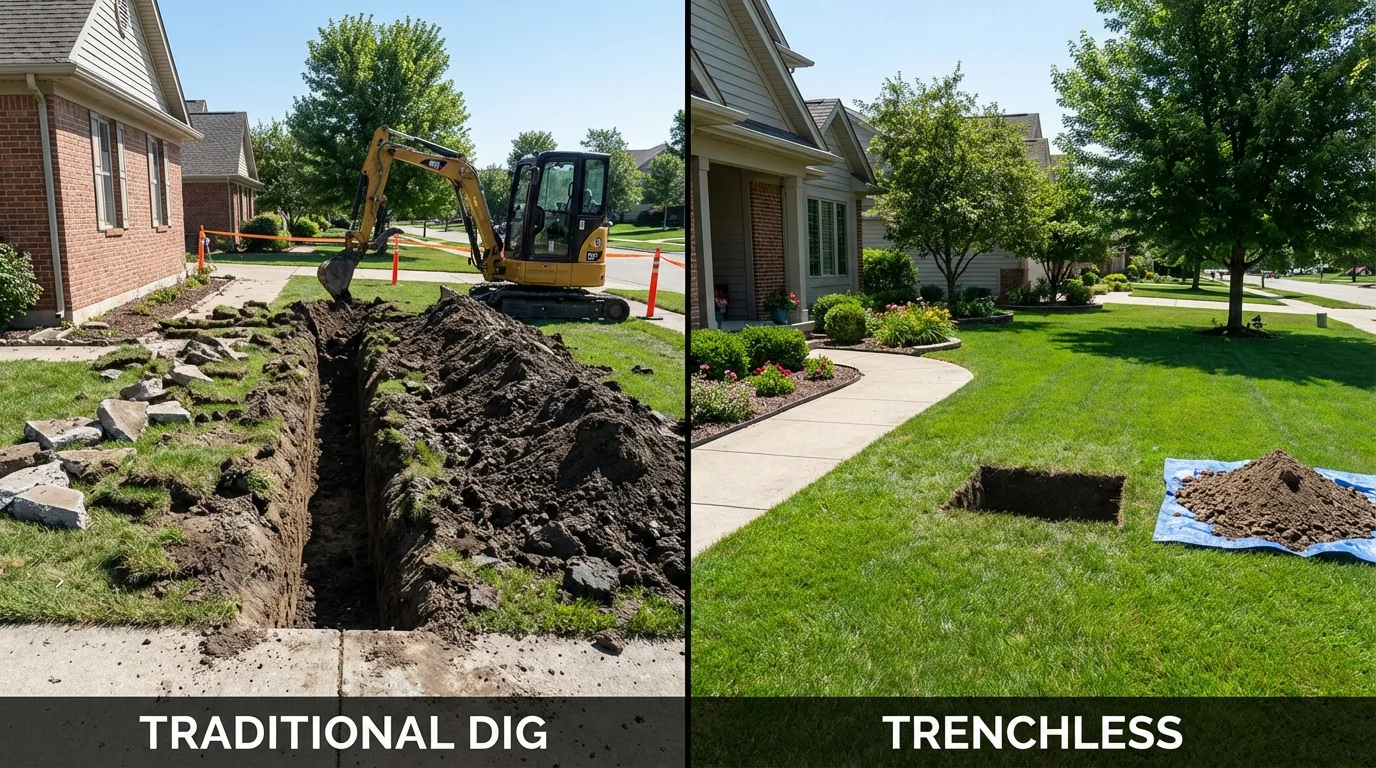 Trenchless sewer repair with minimal yard damage versus traditional excavation in Bellaire, TX