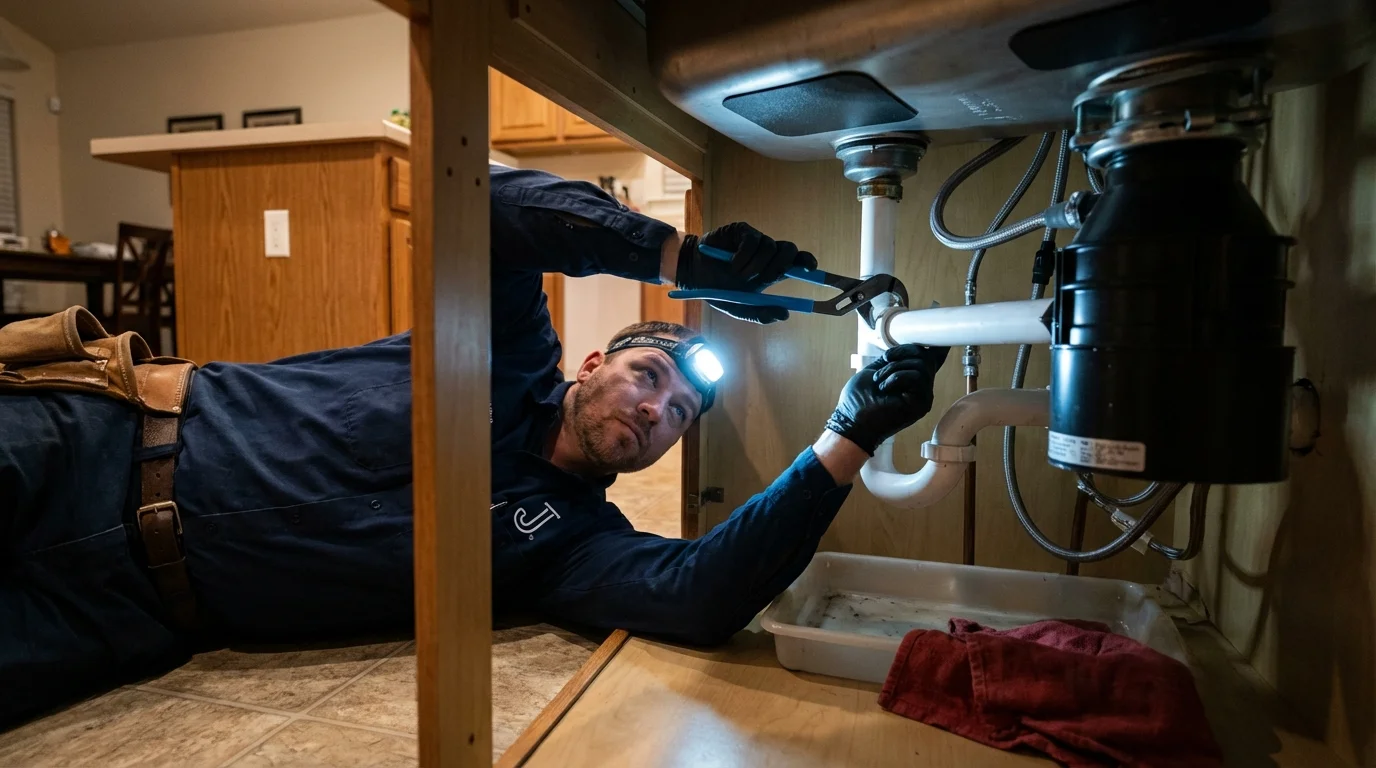 P-trap and supply line connections under a kitchen sink showing a common leak point in Bellaire, TX